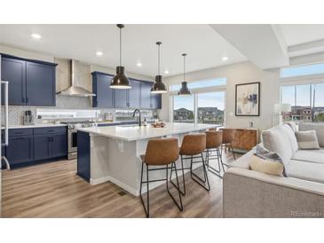 Modern kitchen with island, stainless steel appliances, and blue cabinetry at 1109 Larkspur Dr, Erie, CO 80516