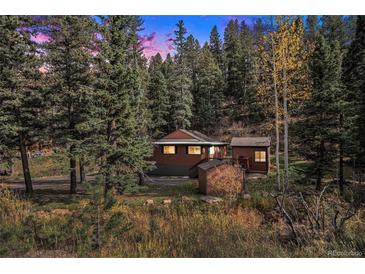 Exterior view of house nestled in trees at dusk at 28532 Shadow Mountain Dr, Conifer, CO 80433