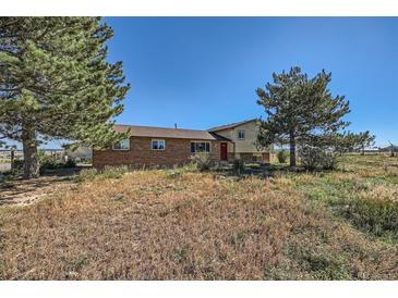 Brick ranch home with a red door and large yard at 2452 Shetland Trl, Elizabeth, CO 80107