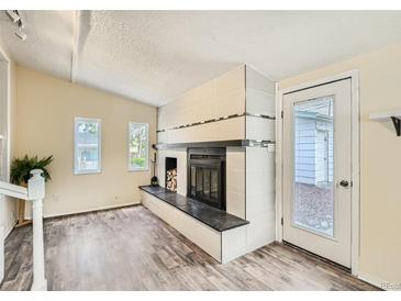 Living room with a modern fireplace and wood floors at 600 Bronco Rd, Denver, CO 80221