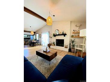 Bright living room with fireplace, hardwood floors, and stylish furniture at 29116 Pine Rd, Evergreen, CO 80439