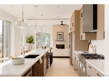 Modern kitchen boasts a large island, stainless steel appliances, and ample cabinet space at 16113 W 14Th Ave, Golden, CO 80401