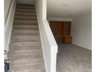 Image shows a carpeted staircase leading to an upper level with built-in shelving at 912 S Peoria St, Aurora, CO 80012