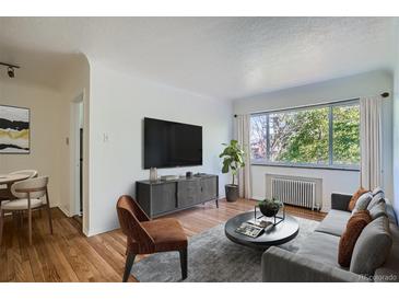 Living room with hardwood floors, grey couch, and large TV at 85 N Grant St # 22, Denver, CO 80203