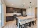 Modern kitchen featuring an island with seating and dark cabinetry at 27431 E 10Th Dr, Aurora, CO 80018