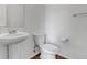Clean bathroom with pedestal sink, toilet, and wood flooring at 4572 Walden Way, Denver, CO 80249