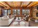 Cozy living room with stone fireplace and mountain views at 878 American Way, Breckenridge, CO 80424