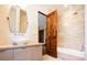 Clean bathroom with light wood cabinets, vessel sink, and a glass shower at 2435 S Milwaukee St, Denver, CO 80210