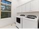 Bright laundry room with washer, dryer, cabinets, and a utility sink at 4381 Cheyenne Dr, Larkspur, CO 80118