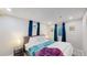 Basement bedroom with a queen bed and teal colored bedding at 3067 S Holly Pl, Denver, CO 80222