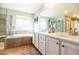 Elegant main bathroom with double vanity and large mirror at 4163 Eagle Tail Ln, Castle Rock, CO 80104