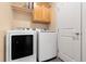 Convenient laundry room with washer, dryer, and overhead cabinets at 6280 Indian Paintbrush St, Frederick, CO 80530