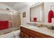 Bathroom features granite countertop and shower/tub combo at 725 S Alton Way # 3B, Denver, CO 80247