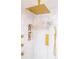 Large shower with rainfall shower head and gold fixtures at 6039 W Fair Dr, Littleton, CO 80123