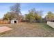 Large backyard with storage shed and concrete slab at 14830 Robins Dr, Denver, CO 80239