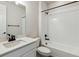 Clean bathroom featuring a shower/tub combo and white vanity at 684 Penn Rd, Elizabeth, CO 80107