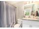 Modern bathroom with a shower/tub combo, granite countertop, and white cabinets at 624 Stuart St, Denver, CO 80204