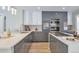 Modern kitchen featuring sleek gray cabinets, quartz countertops, and stainless steel appliances at 10074 Matthew Ln, Littleton, CO 80130