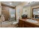 Clean bathroom with shower/tub combo and wood vanity at 34 Highfield Trl # 203, Breckenridge, CO 80424