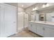 Modern bathroom with double vanity, shower, and white cabinetry at 4212 Sandstone Dr, Mead, CO 80504