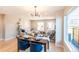 Open concept dining area with dark wood table and blue velvet chairs at 4341 N Columbine St, Denver, CO 80216