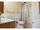 Clean and functional bathroom with shower, toilet, and single vanity at 585 S Alton Way # 4D, Denver, CO 80247
