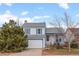 Charming two-story house with a white exterior, blue accents, and a two-car garage at 19867 E Brown Pl, Aurora, CO 80013