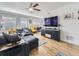 Bright living room with hardwood floors, comfortable seating, and large TV at 2095 S Knox Ct, Denver, CO 80219
