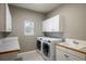 Bright laundry room with washer, dryer, and storage at 1366 Teton Pt, Lafayette, CO 80026