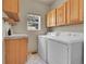 Bright laundry room with washer, dryer, and cabinets at 11770 Leavenworth Dr, Conifer, CO 80433