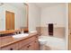 Bathroom featuring a sink, toilet, bathtub, and tiled walls at 5519 Ponderosa Dr, Parker, CO 80134