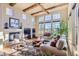 Spacious living room featuring hardwood floors, a fireplace, and large windows at 7818 Vallagio Ln, Englewood, CO 80112
