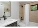 Modern bathroom with tiled shower, white vanity, and black fixtures at 3916 N Raleigh St, Denver, CO 80212