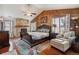 Spacious main bedroom with wood-paneled walls and fireplace at 2891 Canyon Crest Dr, Highlands Ranch, CO 80126
