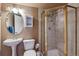 Small bathroom with shower and pedestal sink at 10834 Bobcat Ter, Lone Tree, CO 80124