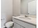 Half bathroom with a white vanity, toilet, and mirror at 5758 Ranch St, Mead, CO 80504