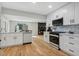 Open concept kitchen with stainless steel appliances and white cabinets at 4643 S Cherokee St, Englewood, CO 80110