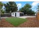 Artificial turf backyard with wood fence and detached garage at 4643 S Cherokee St, Englewood, CO 80110