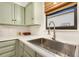 Modern kitchen features stainless steel sink, light green cabinets, and white backsplash at 1868 Lincoln Dr, Longmont, CO 80501