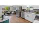 Modern kitchen with white cabinets, stainless steel appliances, and gray backsplash at 7946 Joan Dr, Denver, CO 80221