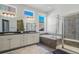 Elegant bathroom with double vanity and large shower at 17636 Lake Overlook Ct, Monument, CO 80132