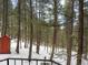 View from balcony showcasing snowy backyard and woods at 5525 S Twin Spruce Dr, Evergreen, CO 80439