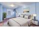 Main bedroom with light blue walls, hardwood floors and bed at 3525 W 26Th Ave, Denver, CO 80211