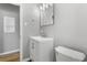 Simple bathroom with a white vanity, toilet, and mirrored medicine cabinet at 1454 Rosemary St, Denver, CO 80220