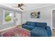 Living room with blue sectional sofa and red rug at 1454 Rosemary St, Denver, CO 80220