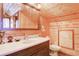 Bathroom with wood-paneled walls, vanity, and toilet at 7948 S Turkey Creek Rd, Morrison, CO 80465