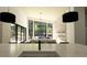 Modern kitchen with a view into the living room with a fireplace at 7142 Lynx Lair Rd, Evergreen, CO 80439