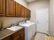 Laundry room with washer, dryer, and built-in cabinets at 4651 Belford Cir, Broomfield, CO 80023