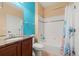 Bathroom with granite countertop, bathtub, and shower at 20697 E Eastman Ave, Aurora, CO 80013