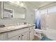 Bathroom with granite countertop, white cabinets, and a tub at 11533 Dahlia St, Thornton, CO 80233